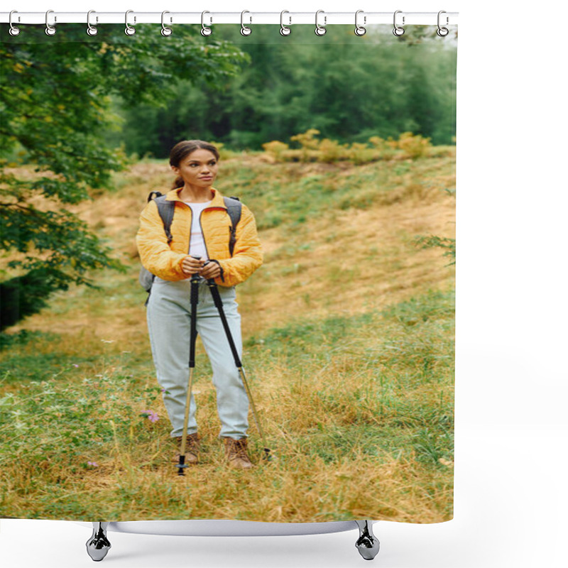 Personality  In A Stunning Autumn Landscape, A Young Woman Enjoys Hiking, Surrounded By Colorful Foliage And Tranquility. Shower Curtains