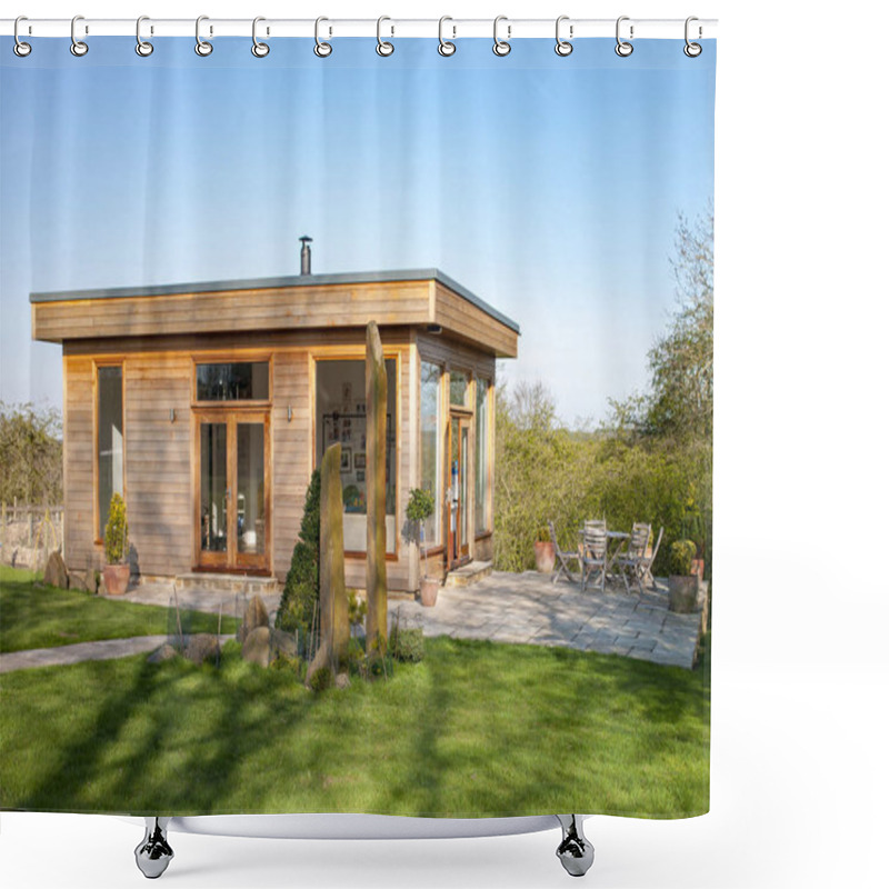 Personality  A Wide View Shot Of A Modern Garden Office On A Bright Summers Day, A Clear Sky Is Above The Wooden Office And Standing Stones Can Be Seen On The Grass. Shower Curtains