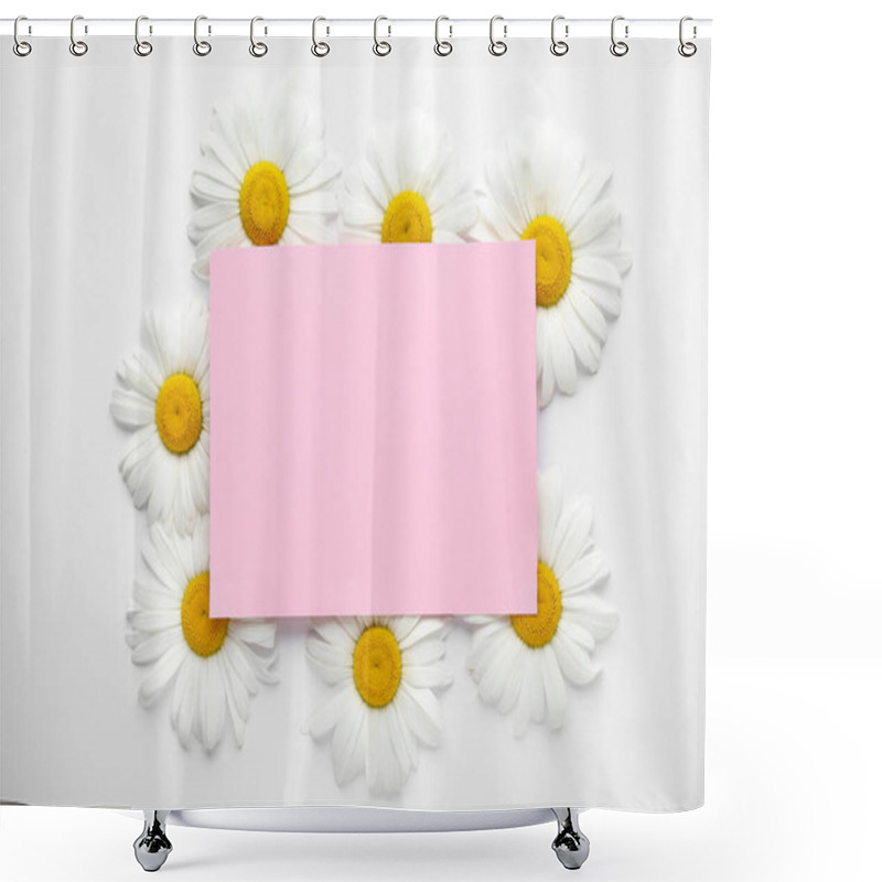 Personality  Beautiful Chamomile Flowers And Blank Card With Space For Text On White Background, Top View Shower Curtains