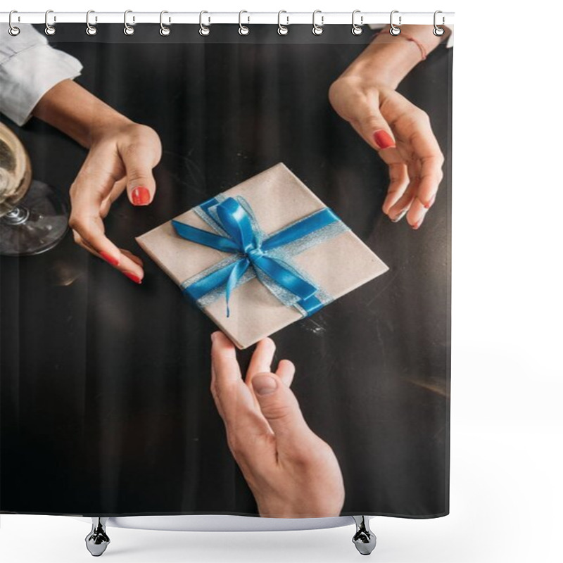 Personality  Cropped Shot Of Boyfriend Giving Present To Girlfriend Shower Curtains