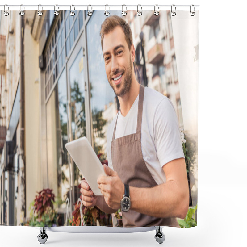 Personality  Smiling Handsome Florist Holding Tablet Near Flower Shop And Looking At Camera Shower Curtains