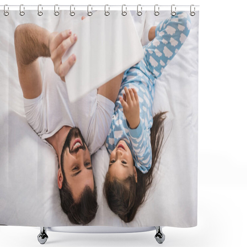 Personality  Father And Daughter Using Tablet In Bed Shower Curtains