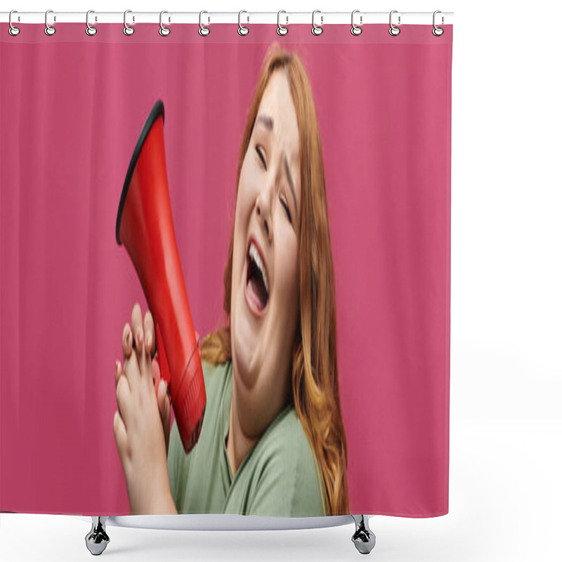 Personality  A Woman With Long Red Hair Is Shouting Into A Red Megaphone With A Smile On Her Face. Shower Curtains