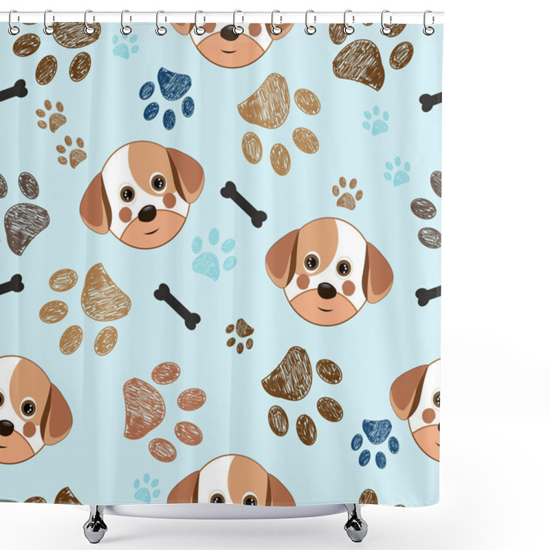 Personality  Cute Dog, Paw Print And Bone Seamless Pattern With Blue Background Shower Curtains