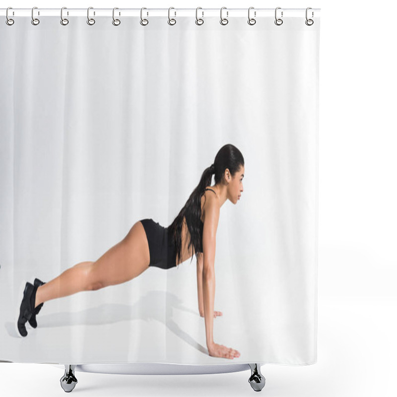 Personality  Side View Of Sportive African American Girl Doing Push Ups On White Background Shower Curtains