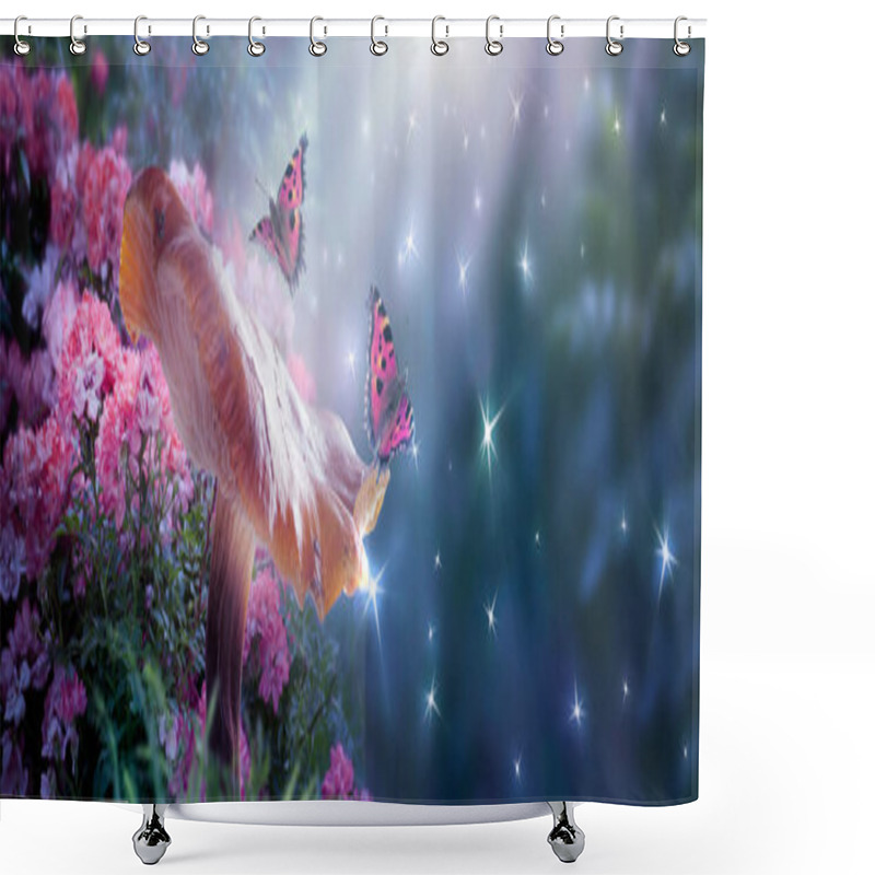 Personality  Fantasy Mushroom And Butterflies In Magical Enchanted Fairy Tale Dreamy Elf Forest With Fabulous Fairytale Blooming Pink Rose Flower On Mysterious Background, Shiny Glowing Stars, Moon Rays In Night Shower Curtains