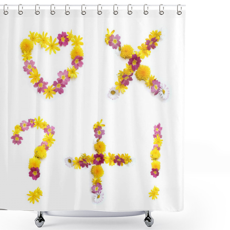 Personality  Urban Balcony Garden, Garden Equipment Presents. Isolated Naturally Fresh Pink Yellow Flowers, Anniversary, Wedding, Advertising, Birthday, Mother Day. Flower Seeds As Present. Flower Heart, Question, Exclamation Sign, Multiplication Mark, Math Sign Shower Curtains