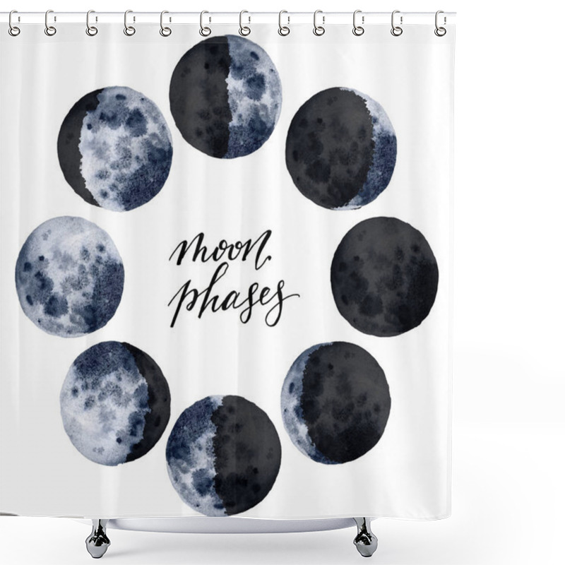 Personality  Watercolor Various Moon Phases Isolated On White Background. Hand Drawn Modern Space Design For Print, Card. Shower Curtains