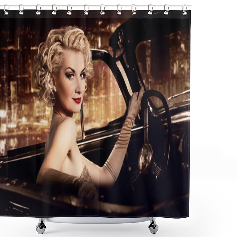 Personality  Woman In Retro Car Against Night City. Shower Curtains