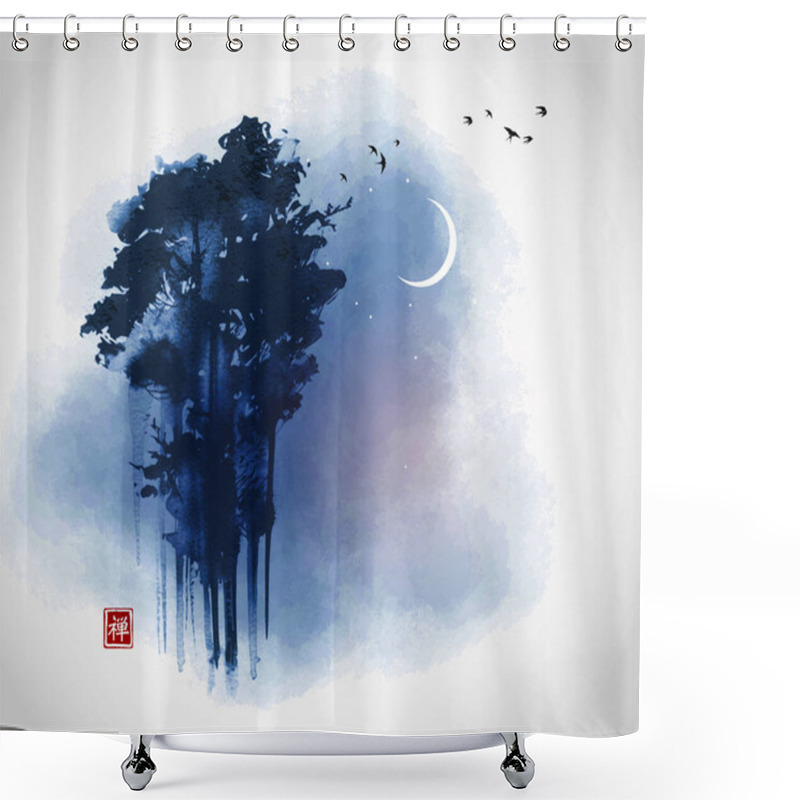 Personality  High Green Forest Trees And Flock Of Birds On Night Sky Background With Crescent Moon. Traditional Oriental Ink Painting Sumi-e, U-sin, Go-hua. Translation Of Hieroglyph - Zen. Shower Curtains