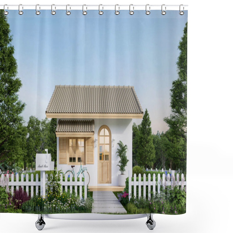 Personality  Modern Contemporary Cute Tiny House Exterior Surrounded By Nature 3d Render There Are White Fence With Flower Bush, White Wall, Brown Roof And Wooden Arch Window. Shower Curtains