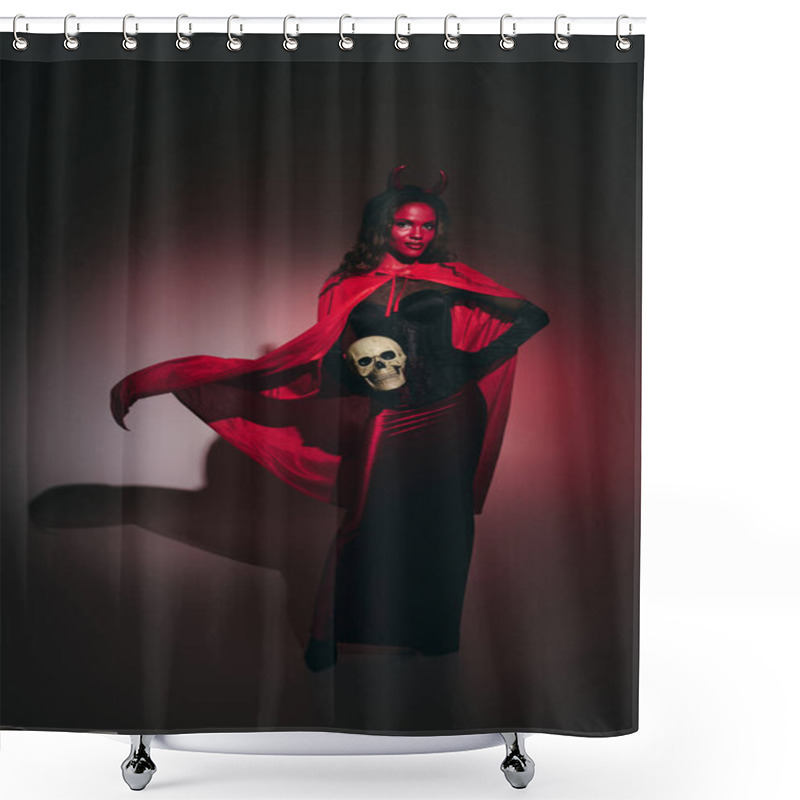 Personality  Dressed In A Vivid Halloween Ensemble, A Woman Creatively Showcases Her Costume With Flair. Shower Curtains