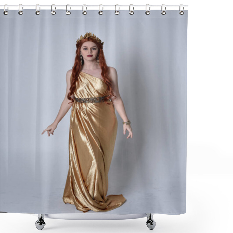 Personality  Full Length Portrait Of Girl With Red Hair Wearing Long Grecian Toga And Golden Wreath. Standing Pose Iisolated Against A Grey Studio Background. Shower Curtains