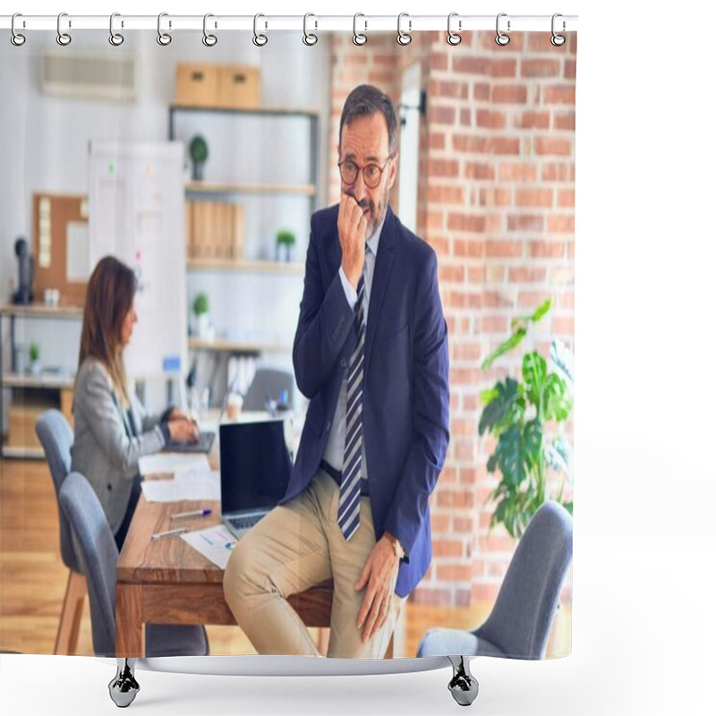 Personality  Middle Age Handsome Businessman Wearing Glasses Sitting On Desk At The Office Looking Stressed And Nervous With Hands On Mouth Biting Nails. Anxiety Problem. Shower Curtains