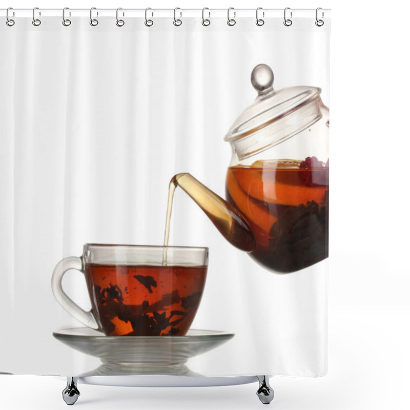 Personality  Glass Teapot Pouring Black Tea Into Cup Isolated On White Shower Curtains