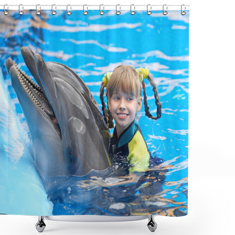 Personality  Child And Dolphin In Blue Water. Shower Curtains