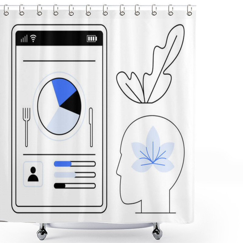 Personality  Smartphone Screen Displays A Pie Chart, User Profile, And Bar Charts. Nearby, A Human Head Silhouette With A Flower On The Brain Symbolizes Mental Wellness. Ideal For Health, Nutrition, Fitness Shower Curtains