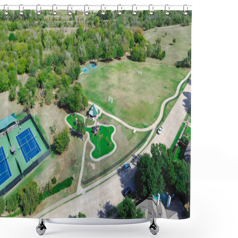 Personality  Large Soccer Fields And Basketball Courts In Suburban Recreational Facility Sport Complex In Carrollton, Texas, Tennis Center With Players Practicing, Shaded Playground, Walking Pathway Trails. USA Shower Curtains