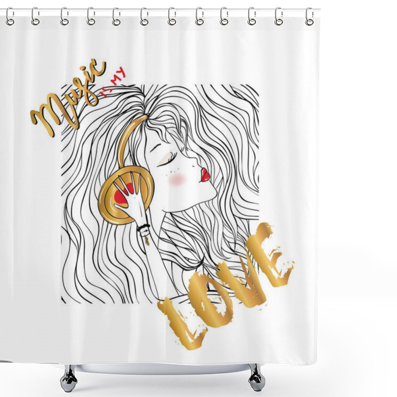 Personality  Beautiful Girl With Headphones. Music Is My Love Lettering. For T-shirt Or Other Uses,T-shirt, Apparel Graphics / Textile Graphic Shower Curtains