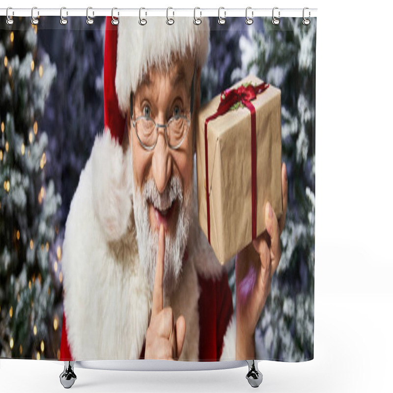 Personality  A Joyful Figure In Red And White, Embracing The Spirit Of Giving In A Snowy Landscape. Shower Curtains