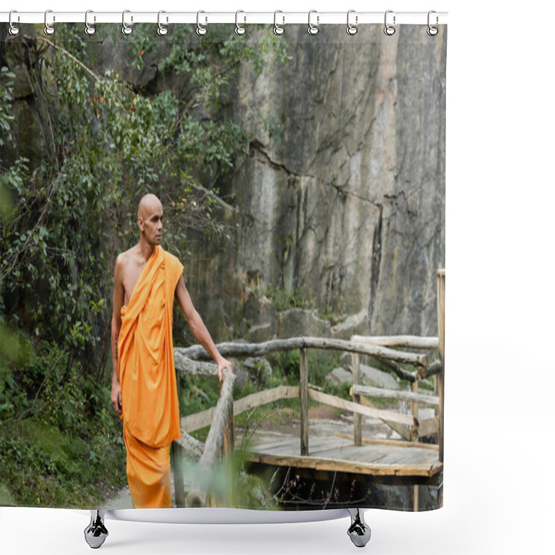 Personality  Man In Traditional Buddhist Robe Walking Near Wooden Fence In Forest Shower Curtains