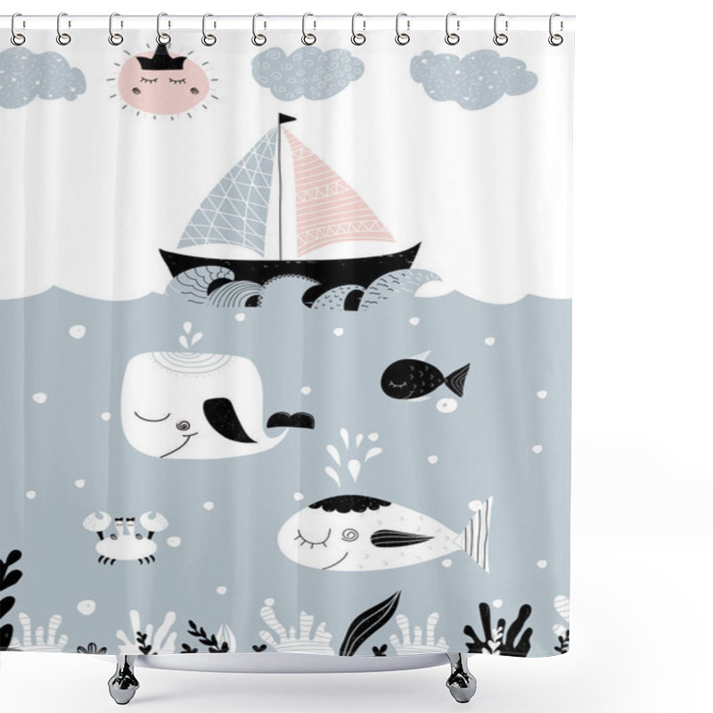 Personality  Hand Drawn Oceanic Landscape With Underwater Creatures, Boat, Sun And Clouds Shower Curtains