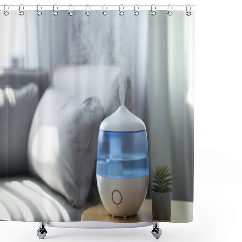 Personality  Modern Air Humidifier And Houseplant On Table In Living Room. Space For Text Shower Curtains