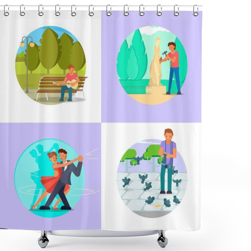 Personality  People Enjoying Their Hobbies Vector Flat Illustration Shower Curtains