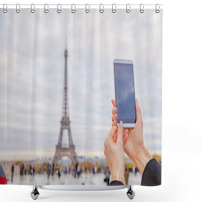 Personality  Girl Using Cellphone With Paris City Background And Eiffel Tower. Shower Curtains