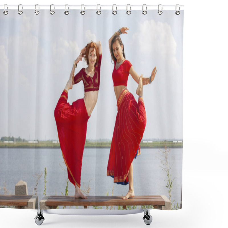 Personality  Pair Of Girls Practice Yoga. Women In A Traditional Saree. Shower Curtains