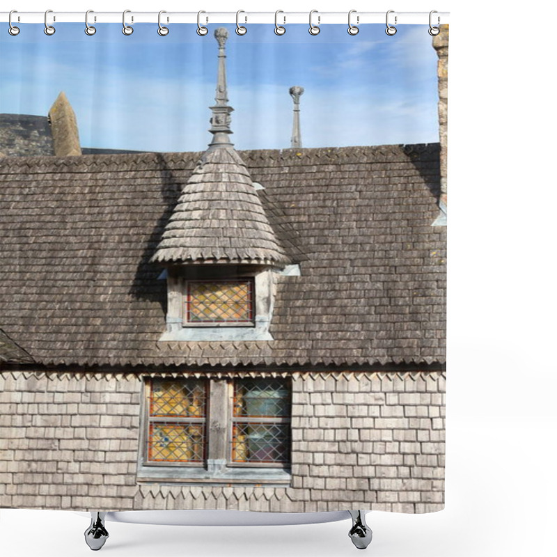 Personality  Mont-Saint-Michel, France-October 19, 2020: Detail Of XV Century Historic Building ''L'Artichaut'' Of Wooden-shake Clad Walls And High -pitch, Wood-shingle Roof With Dormer, Seen From The Ramparts. Shower Curtains