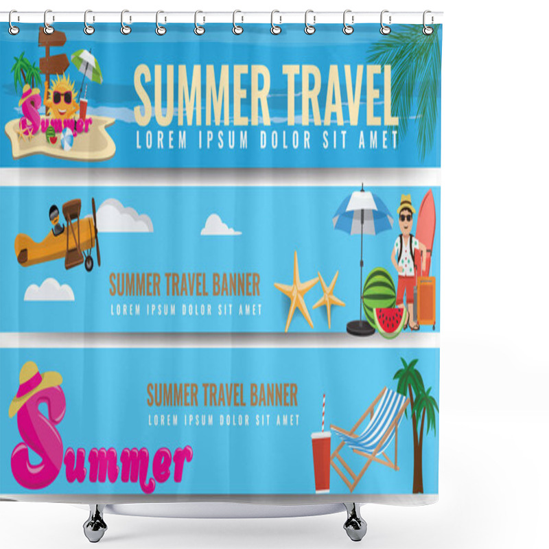 Personality  Set Of Vector Summer Travel Horizontal Banners With Beach Umbrellas, Waves And Man With Surfing Board Shower Curtains