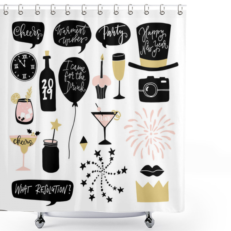 Personality  Set Of Hand Drawn New Year Or Birthday Graphic Elements. Speech Bubles, Balloons, Fireworks, Cocktail Drinks And Decorations. Photo Booth Props. Isolated Vector Objects. Shower Curtains