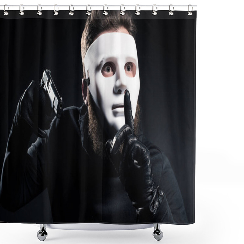 Personality  Robber In Mask Holding Gun And Showing Silence Gesture Shower Curtains