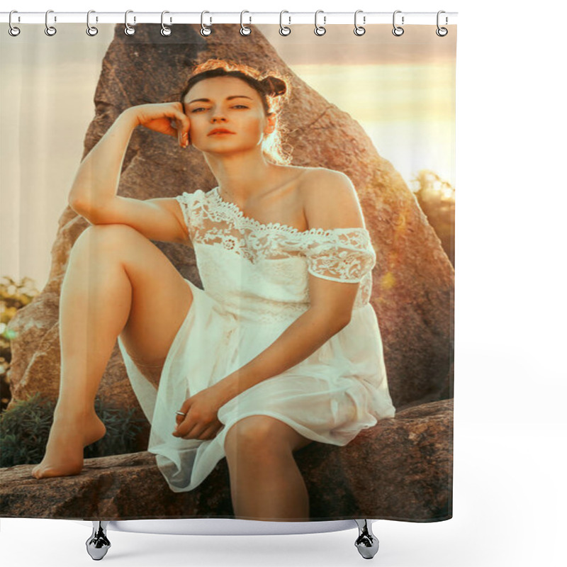 Personality  Beauty Summer Outdoor Portrait Of Sexy Young Woman In White Dress In Sunset Light In Park. Sitting On The Stones, Enjoying Nature, Warm Tone. Shower Curtains