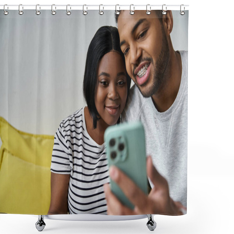 Personality  Close-up Of African American Couple Enjoying Phone Together At Home. Shower Curtains