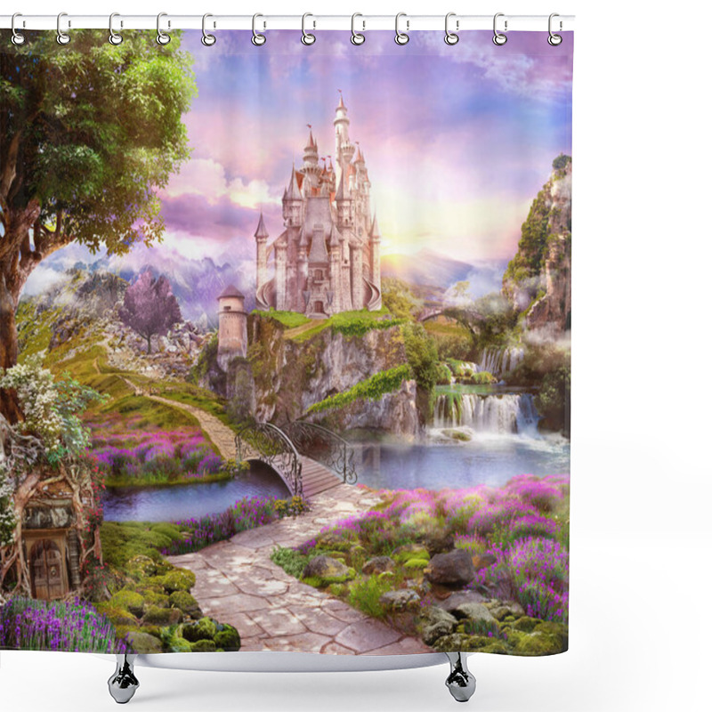 Personality  3d Image Of Fairy-tale Castle With A Pond, A Bridge And Dense Vegetation Of Lavender Bushes, Stone Path, Mountains And Waterfall In The Background 3d Rendering Shower Curtains