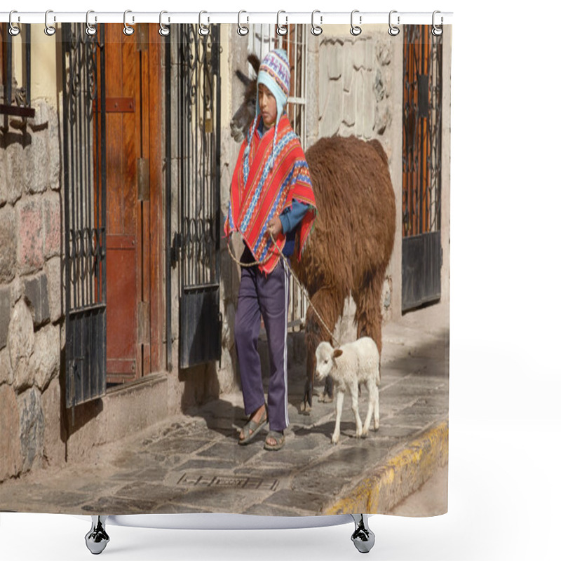 Personality  CUZCO, PERU - NOVEMBER 27 2011 - Peruvian Boy Walking With Family Of Lamas On The Street Of Cuzco Peru  Shower Curtains