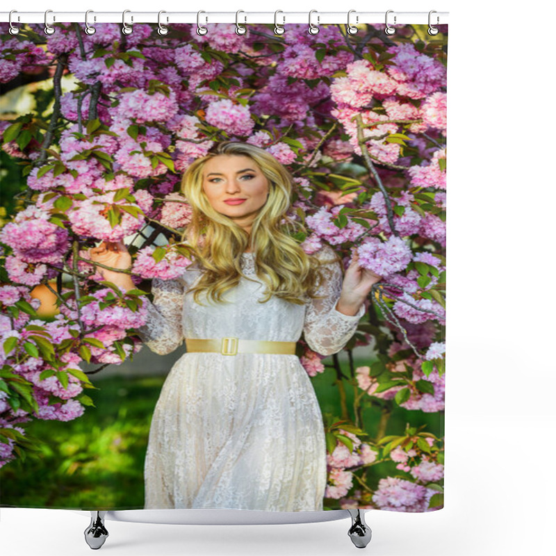 Personality  Enjoying Every Moment. Summer Beauty And Fashion. Sexy Lady In Park. Spring Woman In Cherry Flower Bloom. Girl Pink Blossom. Fashion Model In Japanese Sakura Bloom. Pretty Girl At Spring Flower Shower Curtains