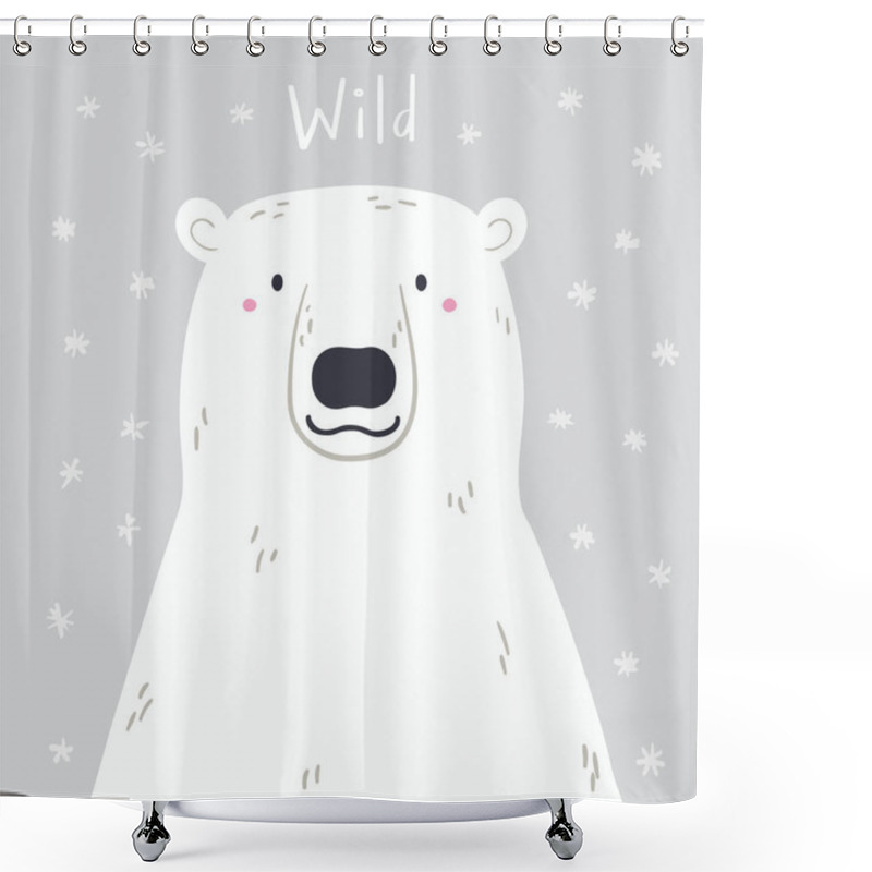 Personality  Hand Drawn Vector Illustration Of Cute Cartoon Polar Bear With Snow And Quote Wild . Hand Drawn Vector Illustration. Winter Animal Character. Arctic Wildlife. Design Concept For Kids Fashion Print Shower Curtains