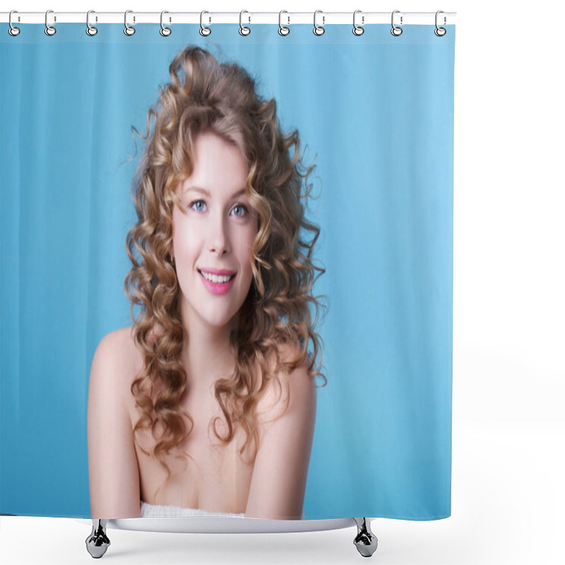 Personality  Portrait Of Beautiful Young Smiling Girl With Luxuriant Hair Curling. Health And Beauty. Shower Curtains