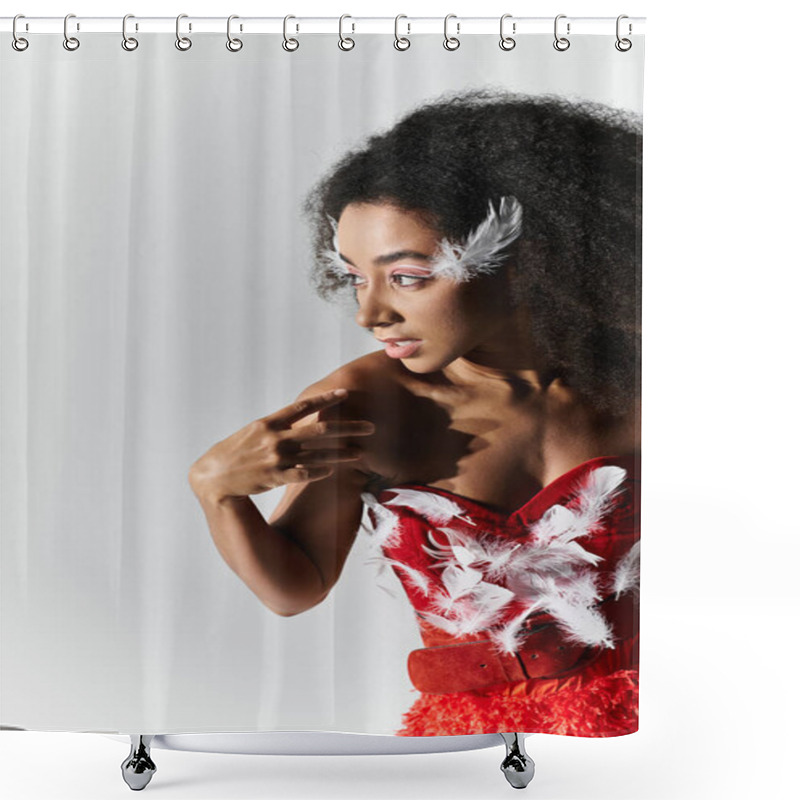 Personality  A Young Woman Exudes Confidence In A Vibrant Red Outfit Adorned With Feathers, Showcasing Elegance. Shower Curtains