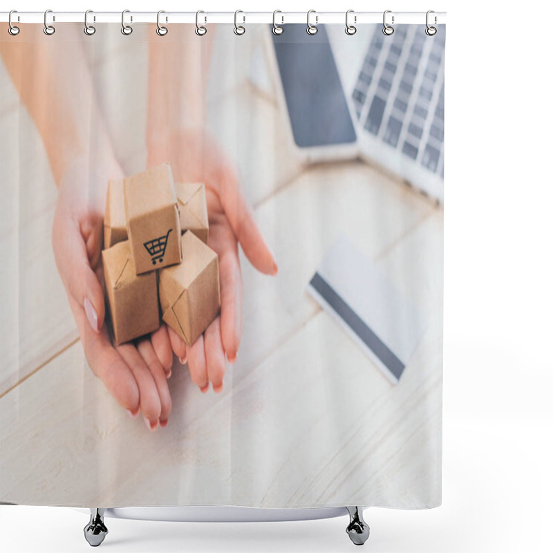 Personality  Cropped View Of Woman Holding Small Paper Boxes In Hands Shower Curtains