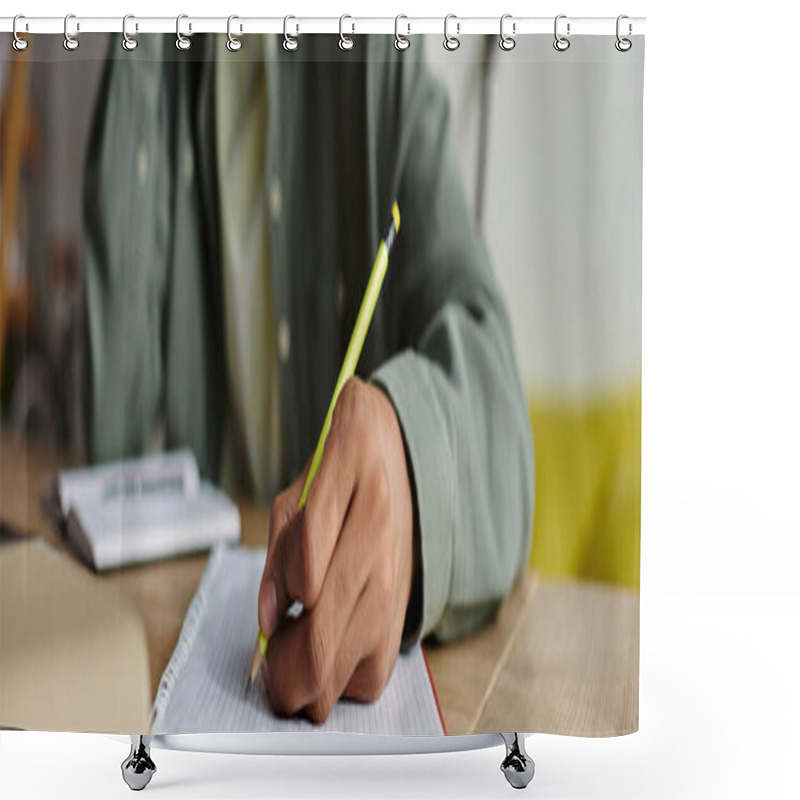 Personality  Young Man Of African American Descent Engaged In Writing In A Notebook With A Pen. Shower Curtains