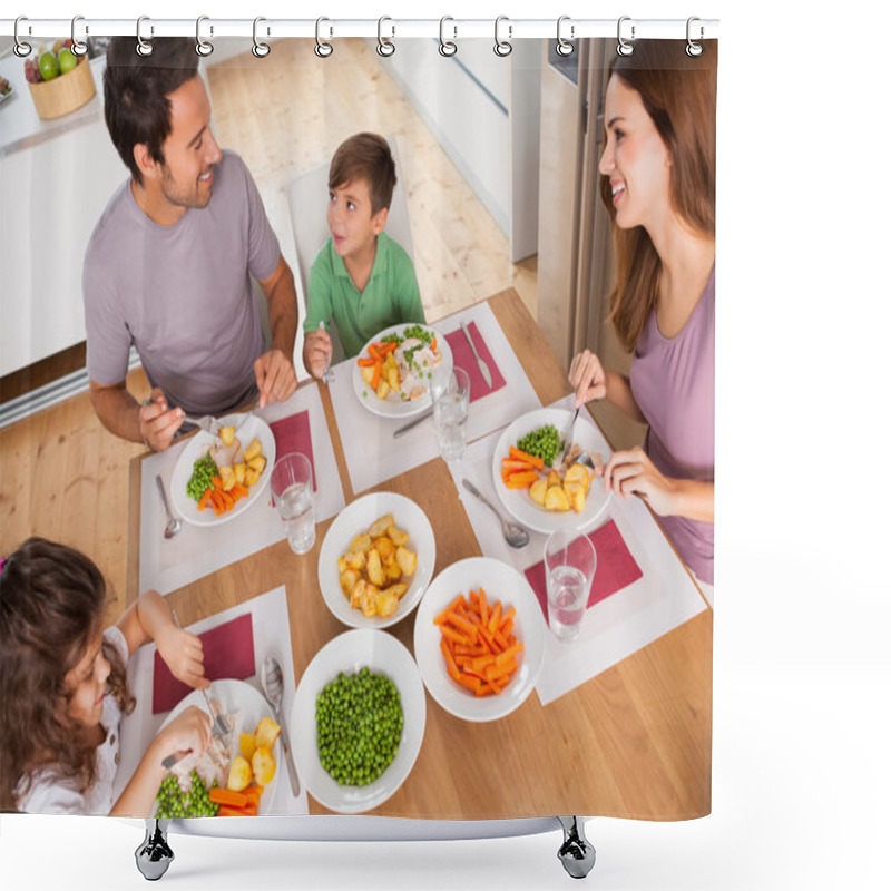 Personality  Family Smiling Around A Healthy Meal Shower Curtains