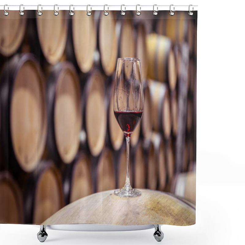 Personality  Closeup Glass With Red Wine On Background Wooden Wine Oak Barrel Shower Curtains