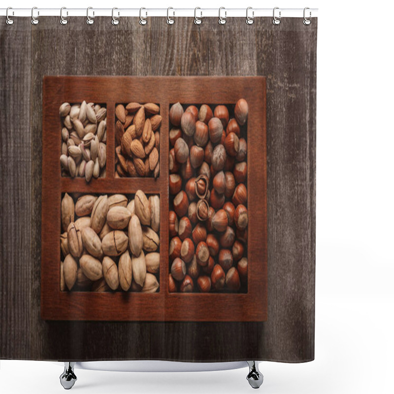 Personality  Top View Of Assortment Of Various Nuts In Box On Wooden Background Shower Curtains