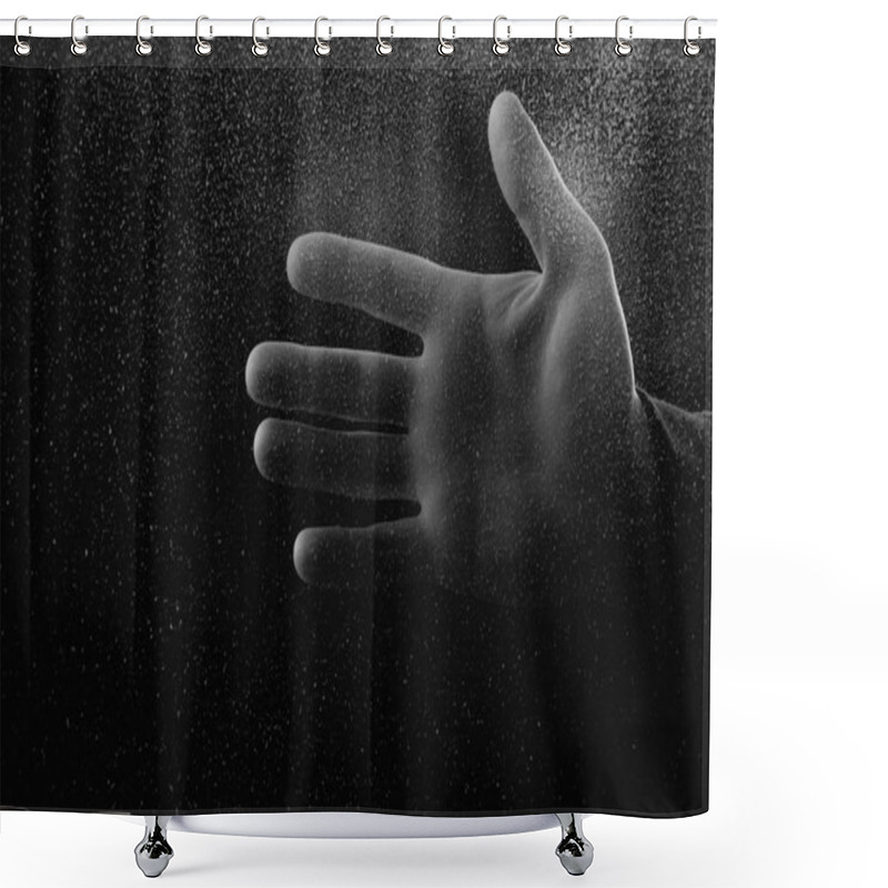 Personality  Cropped Shot Of Person Showing Palm Through Frosted Glass In Darkness  Shower Curtains