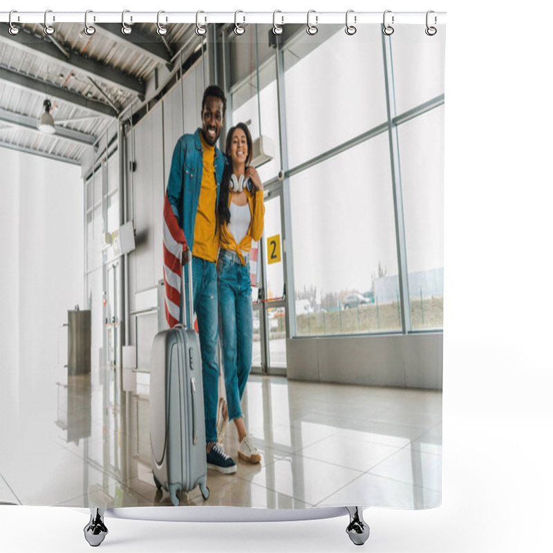 Personality  Happy African American Couple With American Flag And Luggage Walking  In Departure Lounge In Airport  Shower Curtains