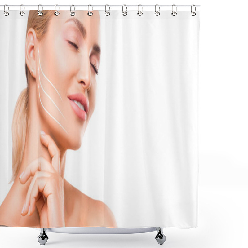 Personality  Smiling Woman With A Lines On The Face. Isolated On White Shower Curtains